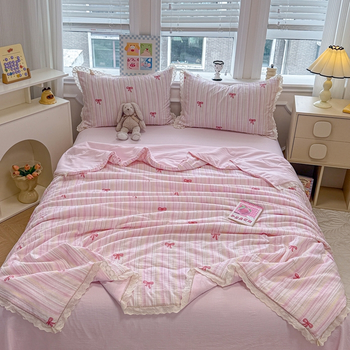 91家纺网 家纺一手货源 找家纺 芯贝儿 2025新款全m花边木m邹邹双层纱水洗m夏被四件套 情人结