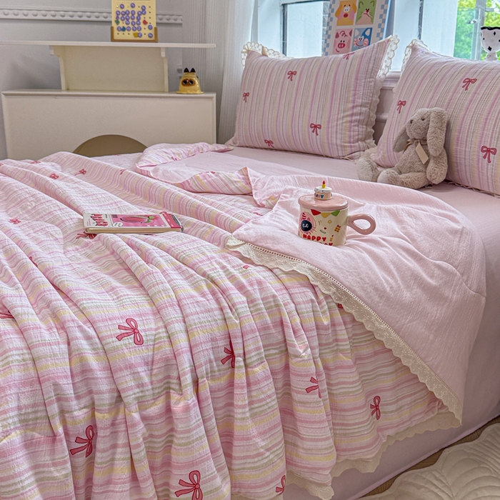 91家纺网 家纺一手货源 找家纺 芯贝儿 2025新款全m花边木m邹邹双层纱水洗m夏被四件套 情人结