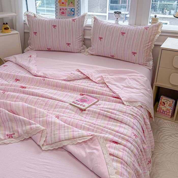 91家纺网 家纺一手货源 找家纺 芯贝儿 2025新款全m花边木m邹邹双层纱水洗m夏被四件套 情人结