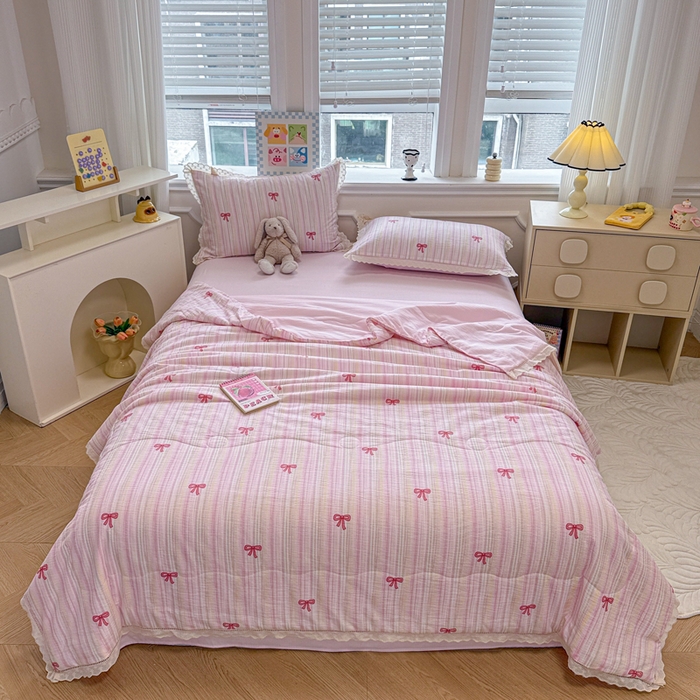 91家纺网 家纺一手货源 找家纺 芯贝儿 2025新款全m花边木m邹邹双层纱水洗m夏被四件套 情人结