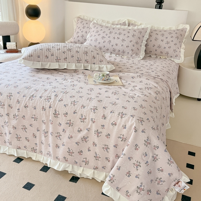 91家纺网 家纺一手货源 找家纺 同田2025新款床盖夏被四件套 梦幻粉