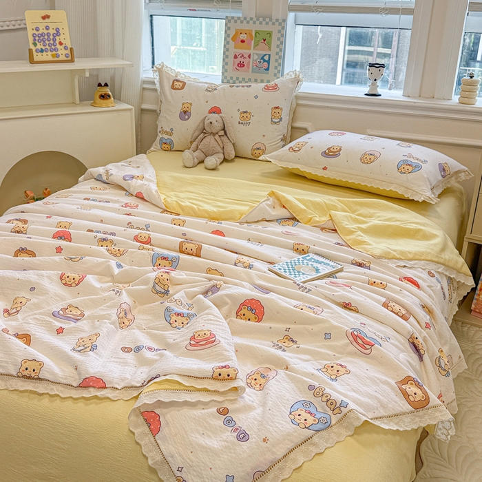 91家纺网 家纺一手货源 找家纺 芯贝儿 2025新款全m花边木m邹邹双层纱水洗m夏被四件套 奶油小熊