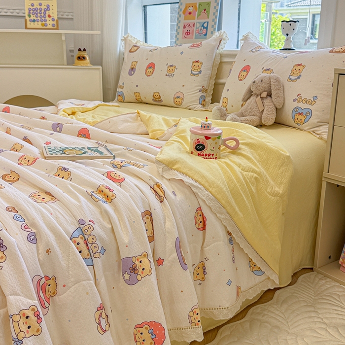 91家纺网 家纺一手货源 找家纺 芯贝儿 2025新款全m花边木m邹邹双层纱水洗m夏被四件套 奶油小熊