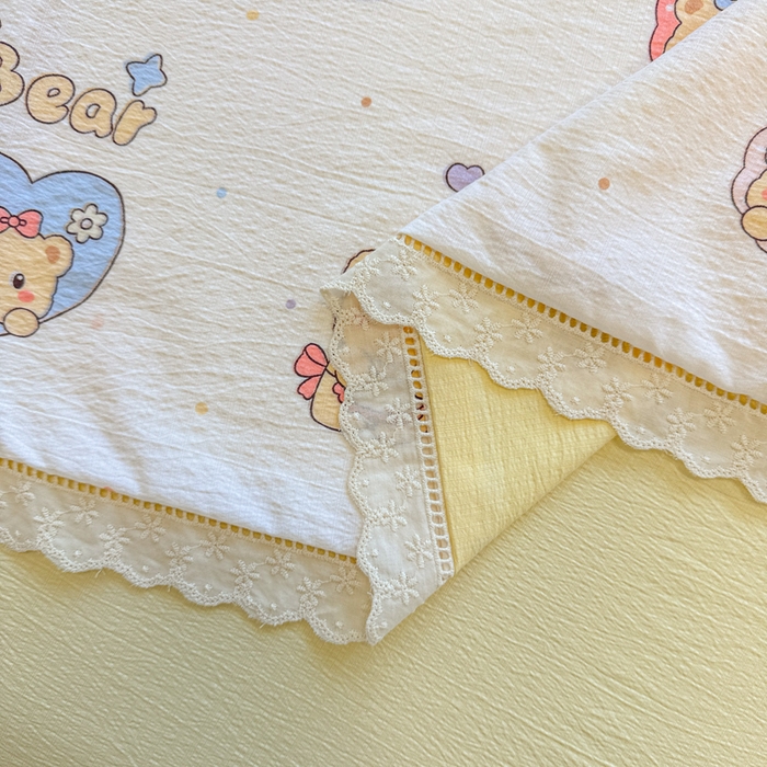 91家纺网 家纺一手货源 找家纺 芯贝儿 2025新款全m花边木m邹邹双层纱水洗m夏被四件套 奶油小熊
