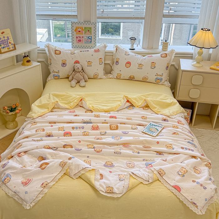 91家纺网 家纺一手货源 找家纺 芯贝儿 2025新款全m花边木m邹邹双层纱水洗m夏被四件套 奶油小熊