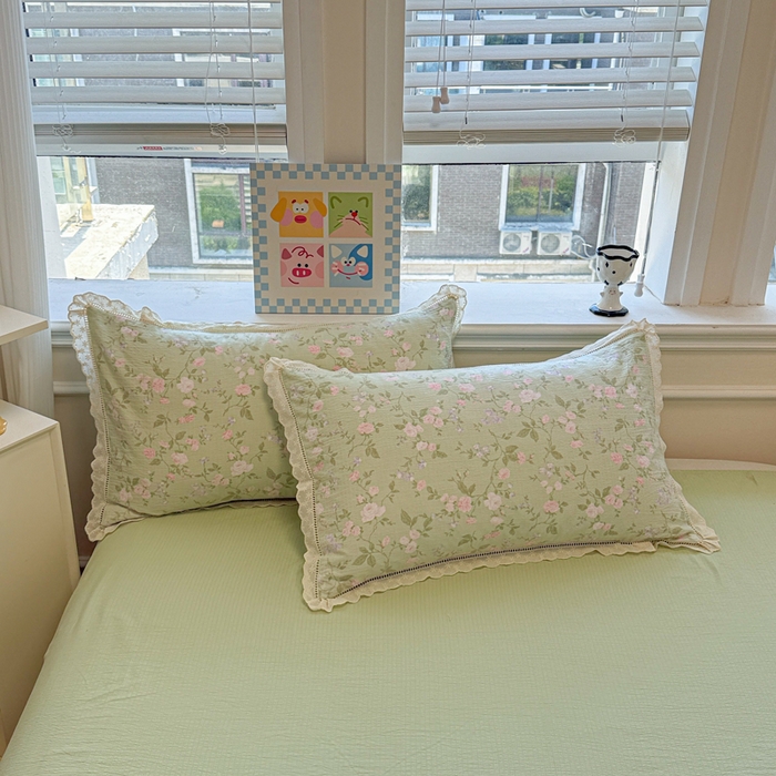 91家纺网 家纺一手货源 找家纺 芯贝儿 2025新款全m花边木m邹邹双层纱水洗m夏被四件套 木槿