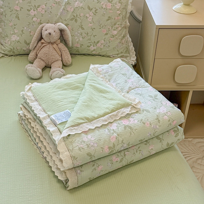 91家纺网 家纺一手货源 找家纺 芯贝儿 2025新款全m花边木m邹邹双层纱水洗m夏被四件套 木槿