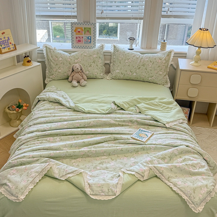 91家纺网 家纺一手货源 找家纺 芯贝儿 2025新款全m花边木m邹邹双层纱水洗m夏被四件套 木槿