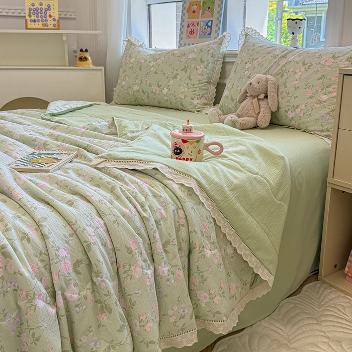 91家纺网 家纺一手货源 找家纺 芯贝儿 2025新款全m花边木m邹邹双层纱水洗m夏被四件套 木槿