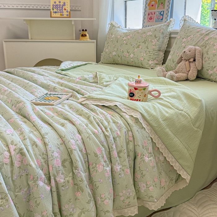 91家纺网 家纺一手货源 找家纺 芯贝儿 2025新款全m花边木m邹邹双层纱水洗m夏被四件套 木槿