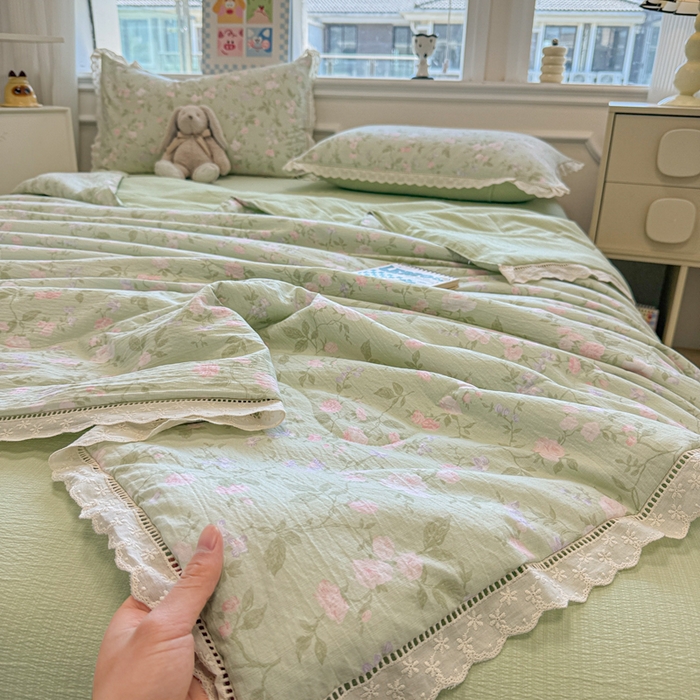 芯贝儿 2025新款全m花边木m邹邹双层纱水洗m夏被四件套 木槿