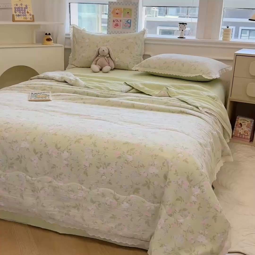 91家纺网 家纺一手货源 找家纺 芯贝儿 2025新款全m花边木m邹邹双层纱水洗m夏被四件套 木槿