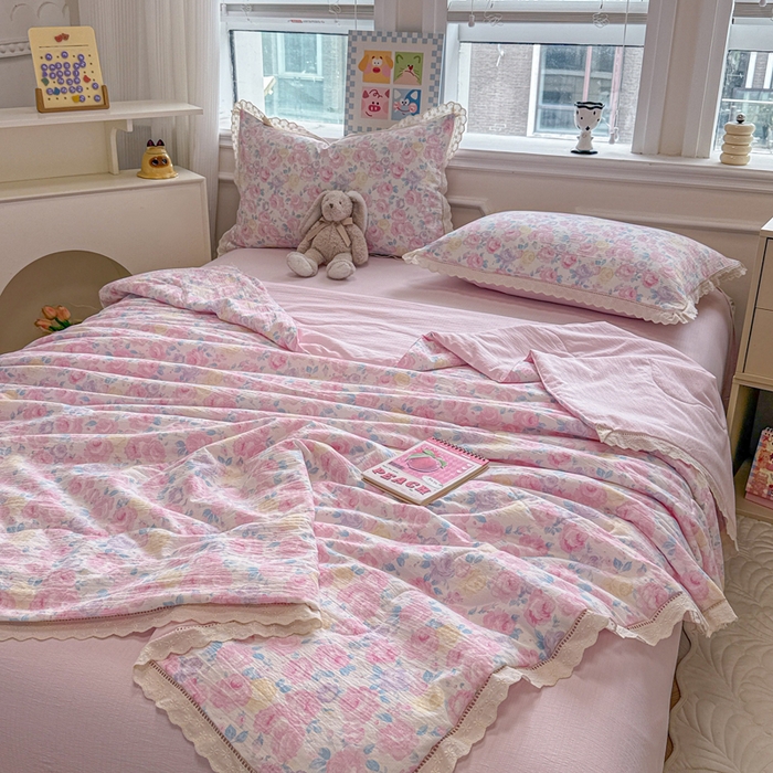 91家纺网 家纺一手货源 找家纺 芯贝儿 2025新款全m花边木m邹邹双层纱水洗m夏被四件套 花漫