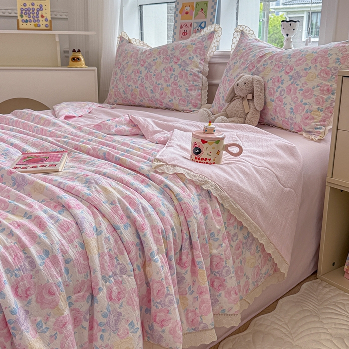 91家纺网 家纺一手货源 找家纺 芯贝儿 2025新款全m花边木m邹邹双层纱水洗m夏被四件套 花漫