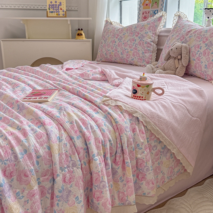 91家纺网 家纺一手货源 找家纺 芯贝儿 2025新款全m花边木m邹邹双层纱水洗m夏被四件套 花漫