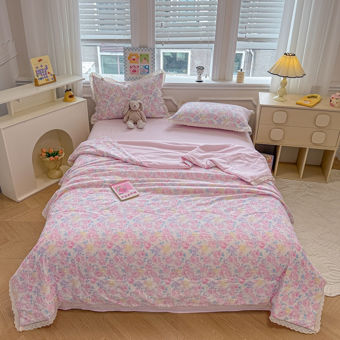 91家纺网 家纺一手货源 找家纺 芯贝儿 2025新款全m花边木m邹邹双层纱水洗m夏被四件套 花漫