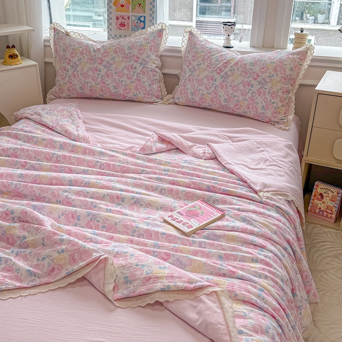 91家纺网 家纺一手货源 找家纺 芯贝儿 2025新款全m花边木m邹邹双层纱水洗m夏被四件套 花漫