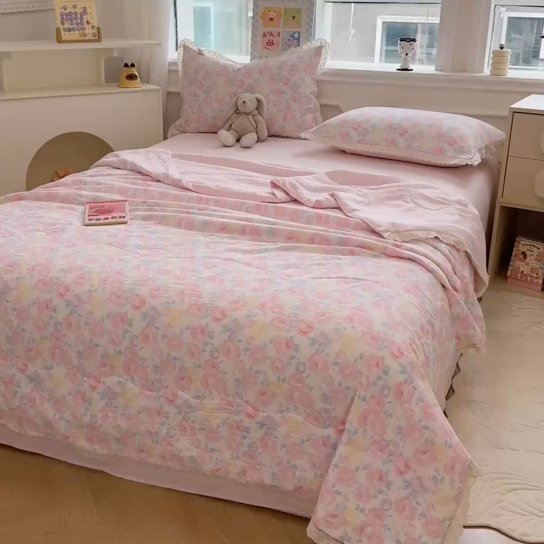 91家纺网 家纺一手货源 找家纺 芯贝儿 2025新款全m花边木m邹邹双层纱水洗m夏被四件套 花漫
