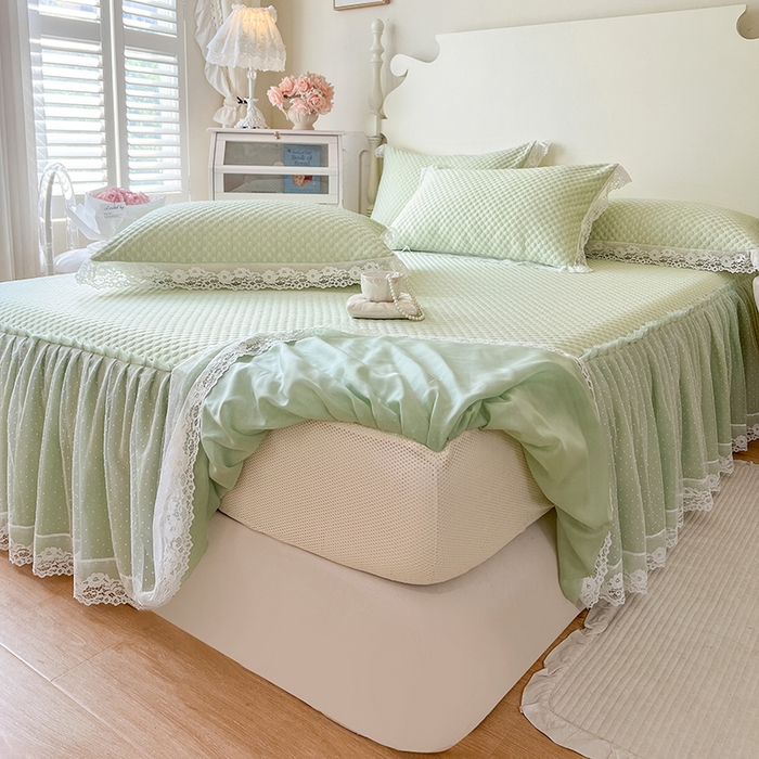 91家纺网 家纺一手货源 找家纺 网红馆（ck家纺） 2025新款床笠式床裙豆豆凉席--简单爱 水绿