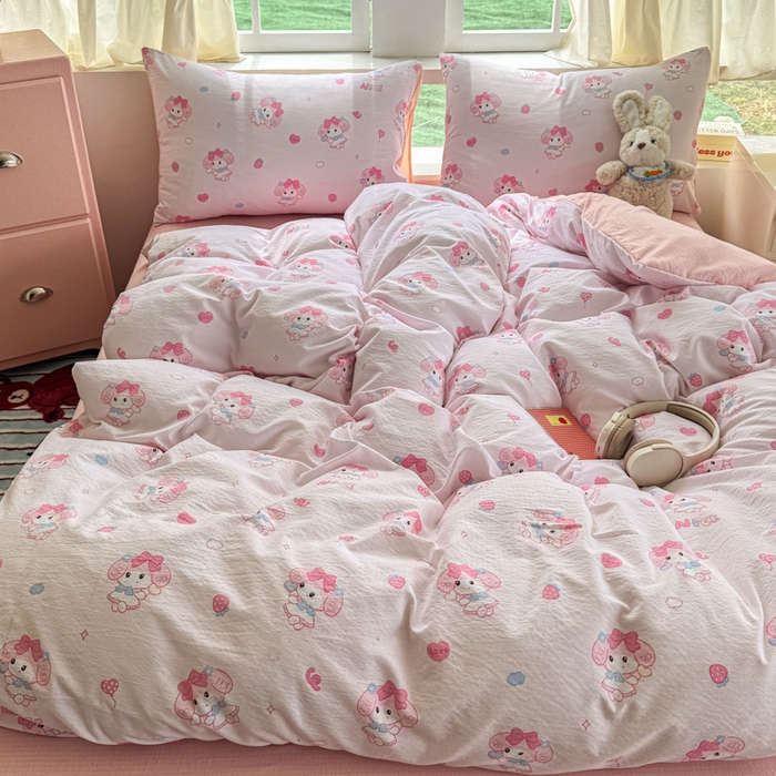 91家纺网 家纺一手货源 找家纺 温眠家纺 2025新款云感针织双层纱四件套 莓乐蒂