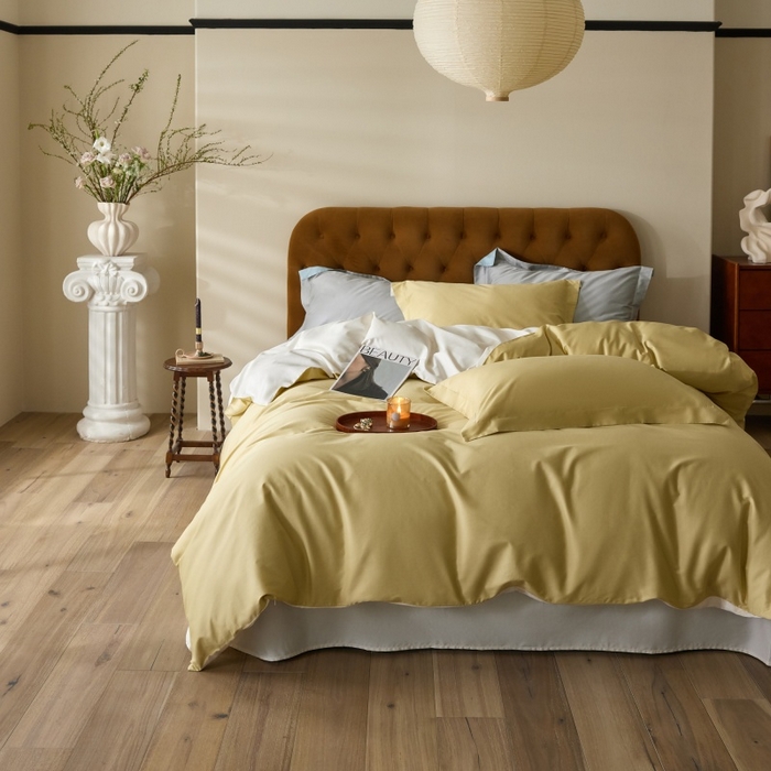 91家纺网 家纺一手货源 找家纺 天幕 2025新款60s素色双拼四件套 槐暖鹅黄