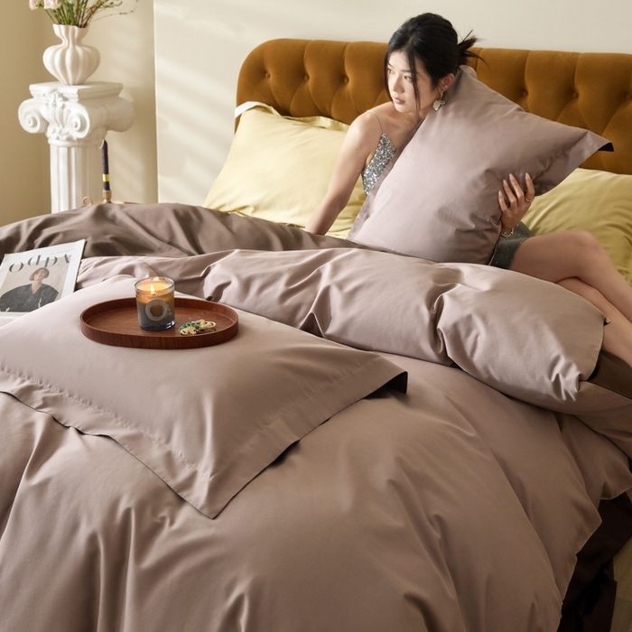 91家纺网 家纺一手货源 找家纺 天幕 2025新款60s素色双拼四件套 玫瑰红茶