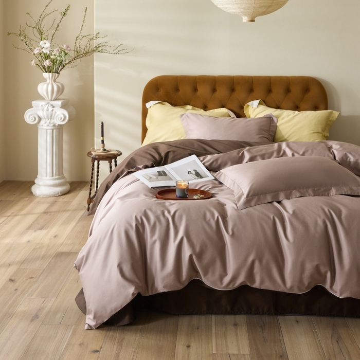 91家纺网 家纺一手货源 找家纺 天幕 2025新款60s素色双拼四件套 玫瑰红茶