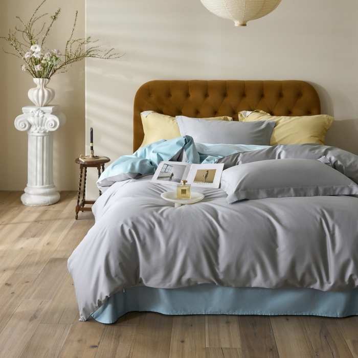 91家纺网 家纺一手货源 找家纺 天幕 2025新款60s素色双拼四件套 雅士灰&天空蓝