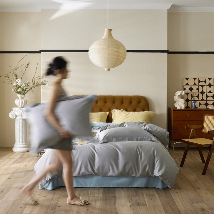 91家纺网 家纺一手货源 找家纺 天幕 2025新款60s素色双拼四件套 雅士灰&天空蓝