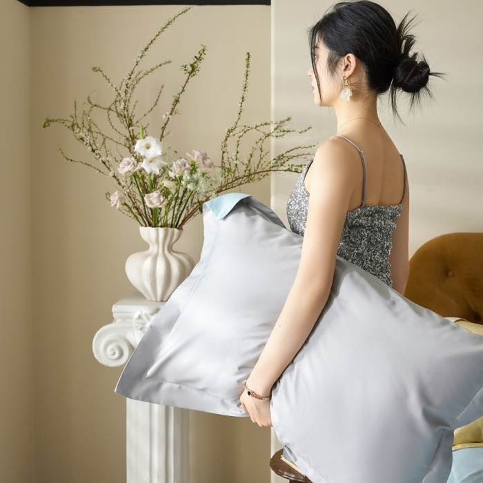 91家纺网 家纺一手货源 找家纺 天幕 2025新款60s素色双拼四件套 雅士灰&天空蓝