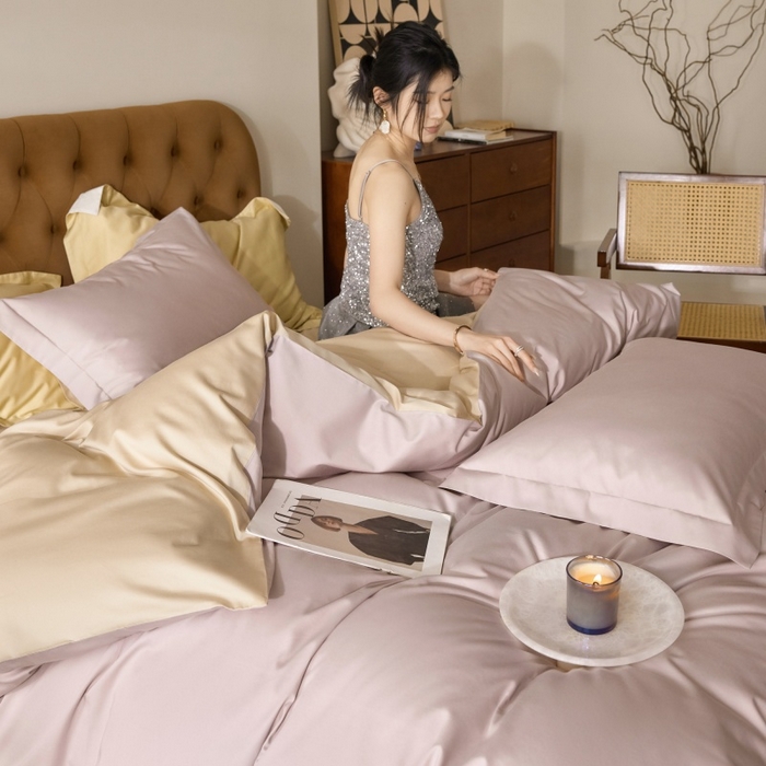 91家纺网 家纺一手货源 找家纺 天幕 2025新款60s素色双拼四件套 烟灰紫&香槟金