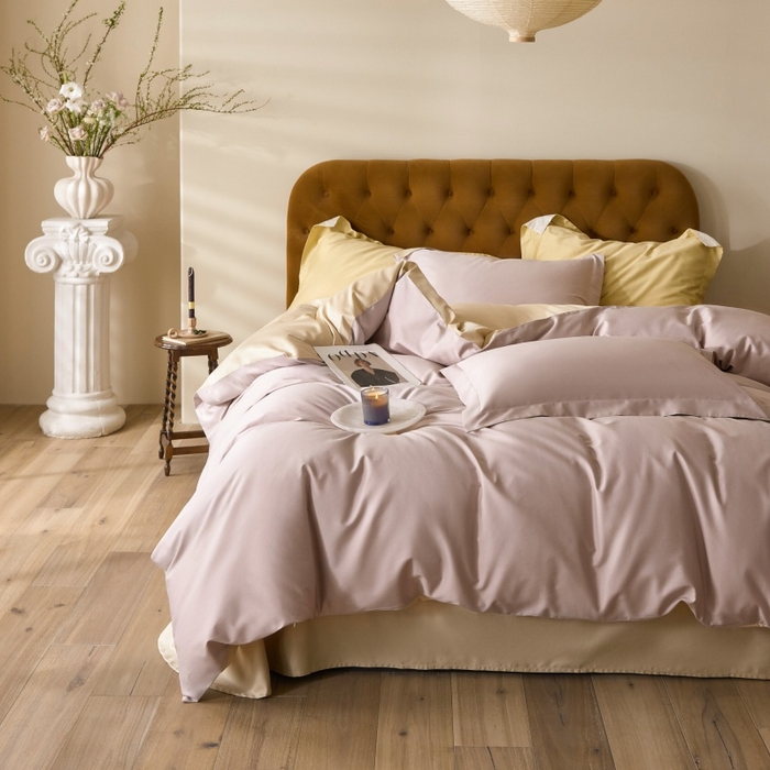 91家纺网 家纺一手货源 找家纺 天幕 2025新款60s素色双拼四件套 烟灰紫&香槟金