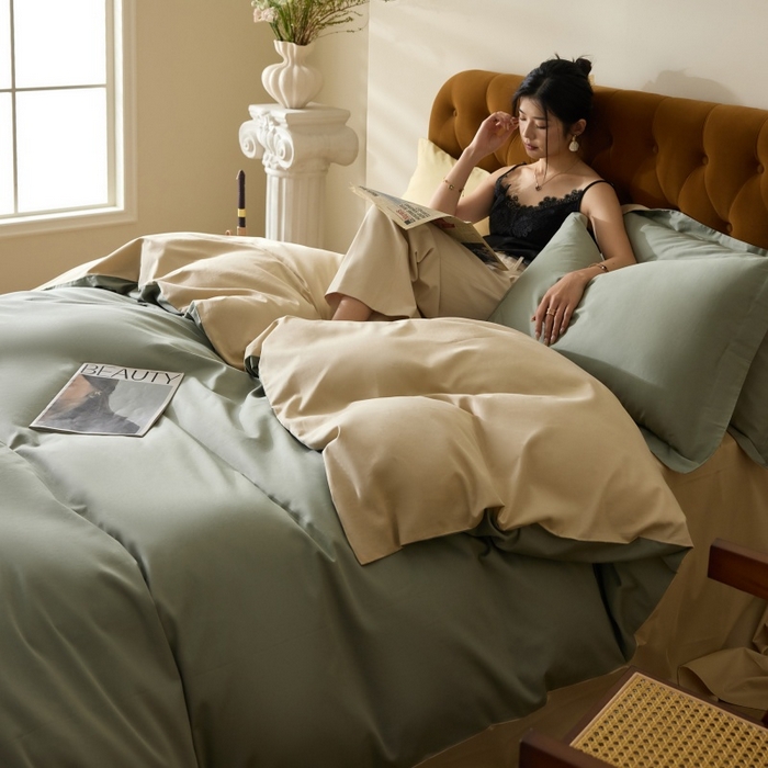 91家纺网 家纺一手货源 找家纺 天幕 2025新款60s素色双拼四件套 莺茶绿&香槟金