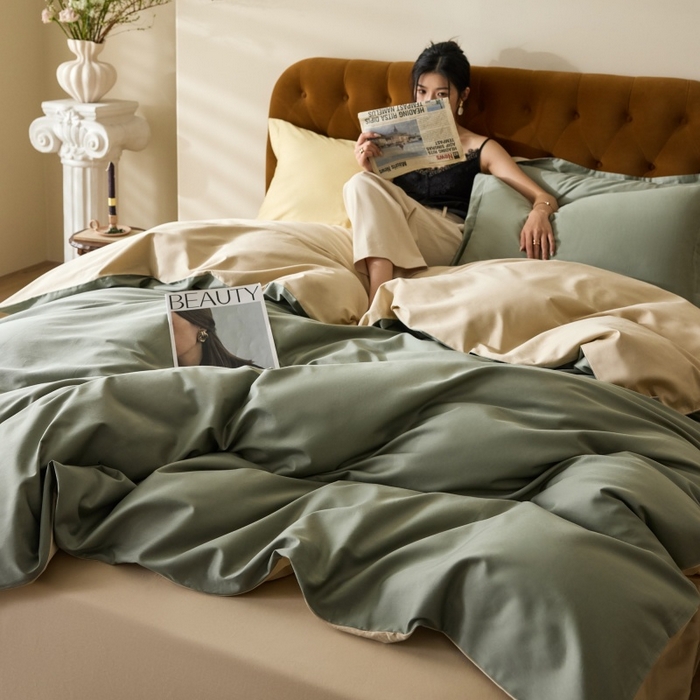 91家纺网 家纺一手货源 找家纺 天幕 2025新款60s素色双拼四件套 莺茶绿&香槟金