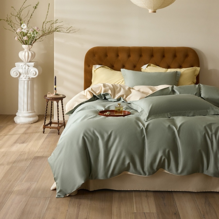 91家纺网 家纺一手货源 找家纺 天幕 2025新款60s素色双拼四件套 莺茶绿&香槟金