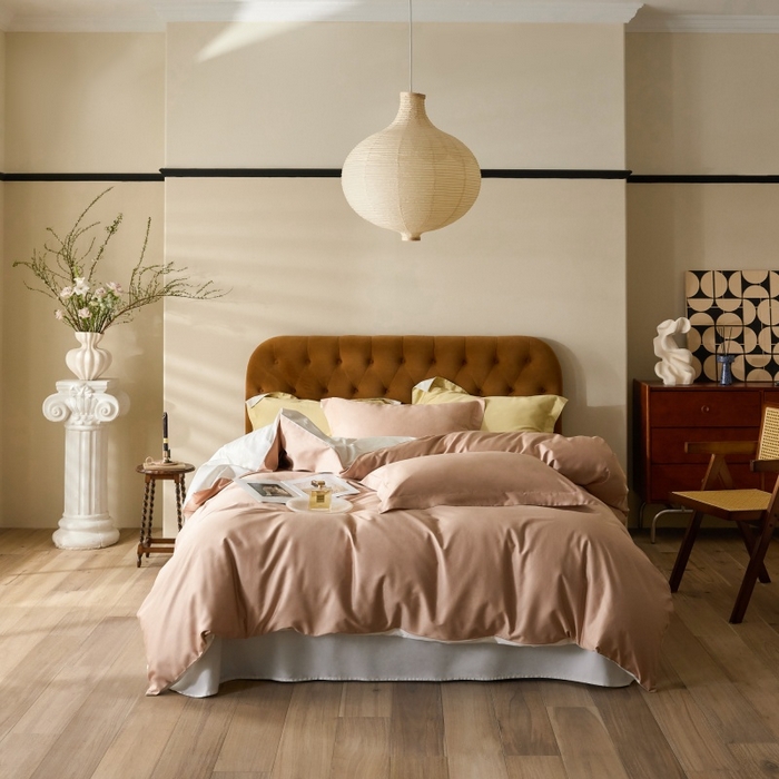 天幕 2025新款60s素色双拼四件套 樱花白桃