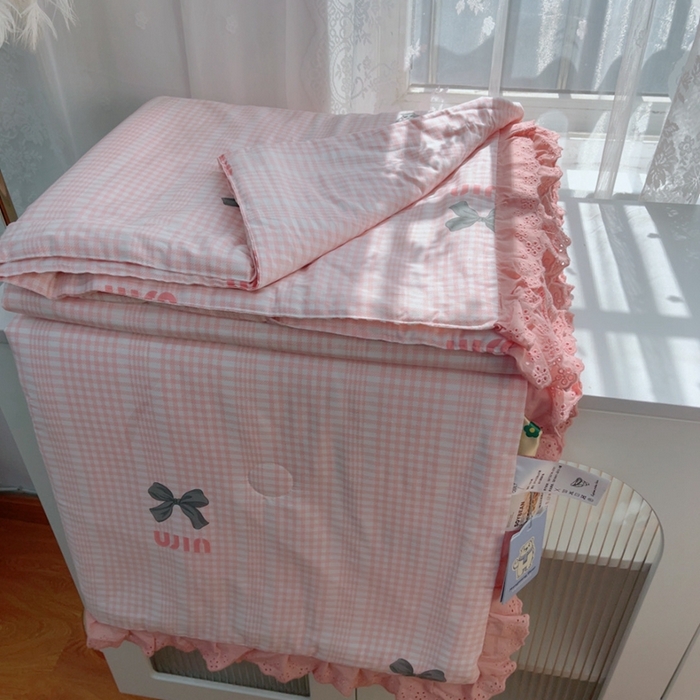 暖居 2025新款法式韩系双面纯棉夏被约3.2斤空调被夏季薄被子可水洗跑量款 蝴蝶结 粉