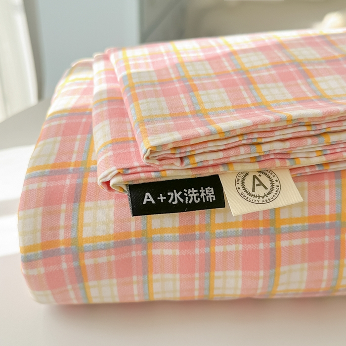 91家纺网 家纺一手货源 找家纺 温眠家纺 2025新款A类水洗棉色织单床单系列-单枕套 典雅格-粉