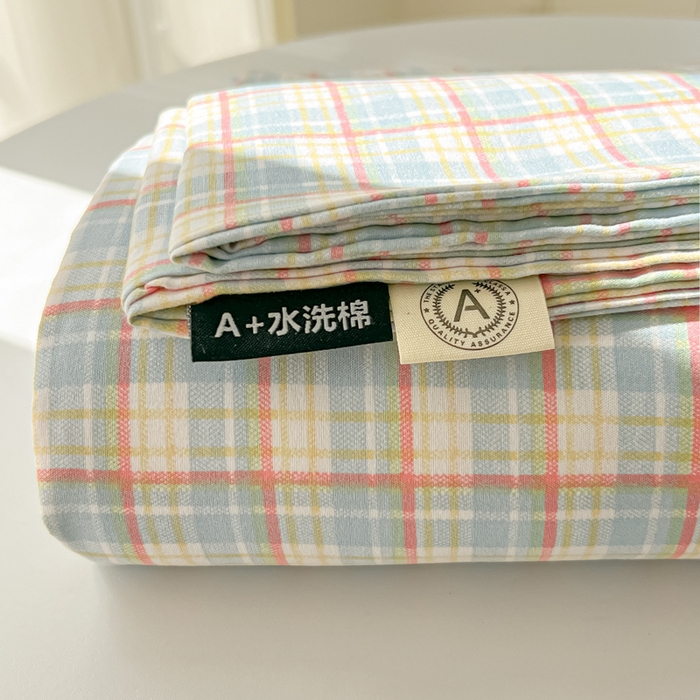 91家纺网 家纺一手货源 找家纺 温眠家纺 2025新款A类水洗棉色织单床单系列-单枕套 典雅格-蓝