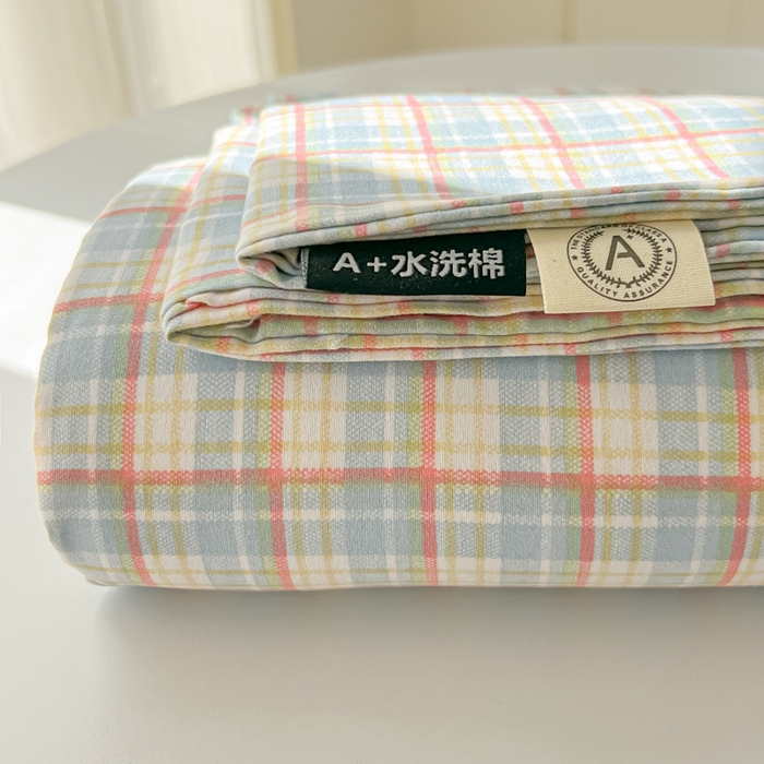 91家纺网 家纺一手货源 找家纺 温眠家纺 2025新款A类水洗棉色织单床单系列-单枕套 典雅格-蓝