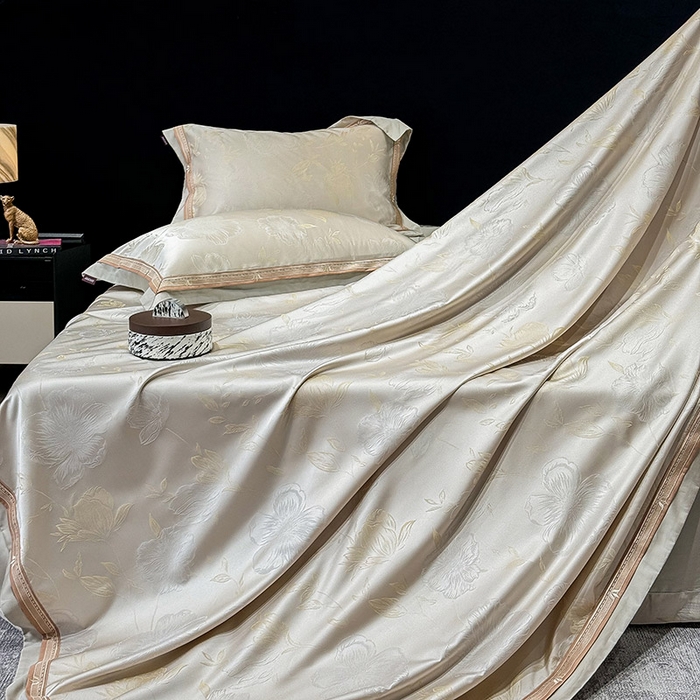 91家纺网 家纺一手货源 找家纺  2025新款轻奢A类天丝棉提花四件套真丝贡缎全工艺丝滑裸睡夏季爆款床上用品-茉影 茉影-疏影金