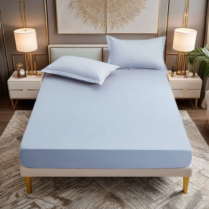 91家纺网 家纺一手货源 找家纺 2025新款纯色全棉床笠喷气全棉床罩三件套-优雅系列 优雅-迷雾蓝