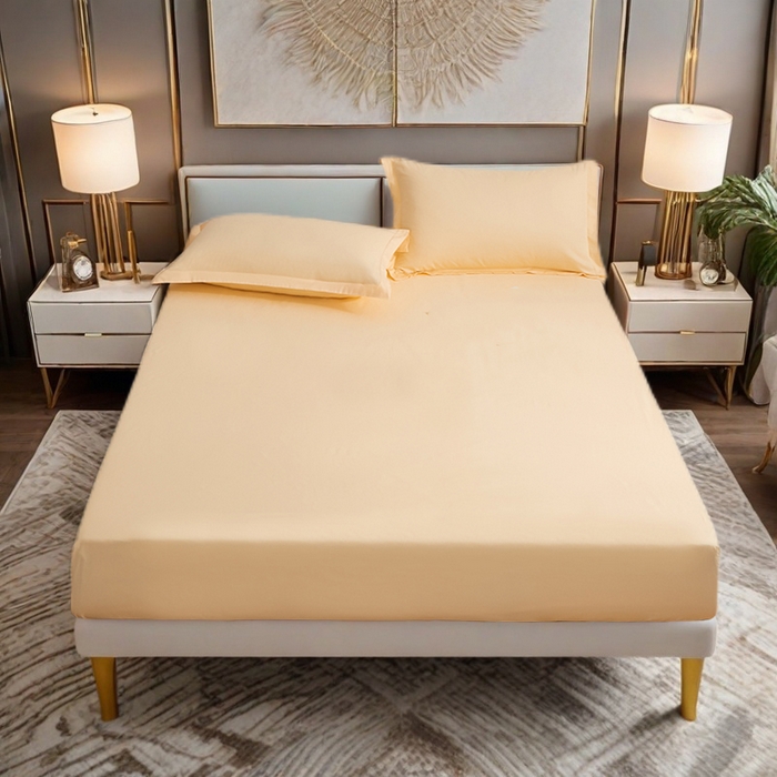 91家纺网 家纺一手货源 找家纺 2025新款纯色全棉床笠喷气全棉床罩三件套-优雅系列 优雅-奶油黄