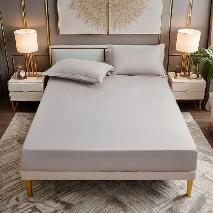 91家纺网 家纺一手货源 找家纺 2025新款纯色全棉床笠喷气全棉床罩三件套-优雅系列 优雅-浅银灰