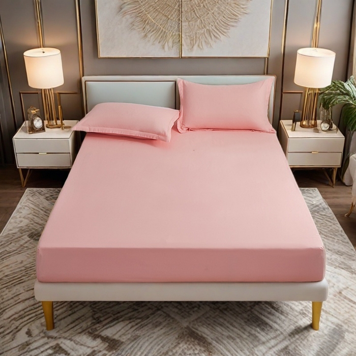 91家纺网 家纺一手货源 找家纺 2025新款纯色全棉床笠喷气全棉床罩三件套-优雅系列 优雅-桃花粉