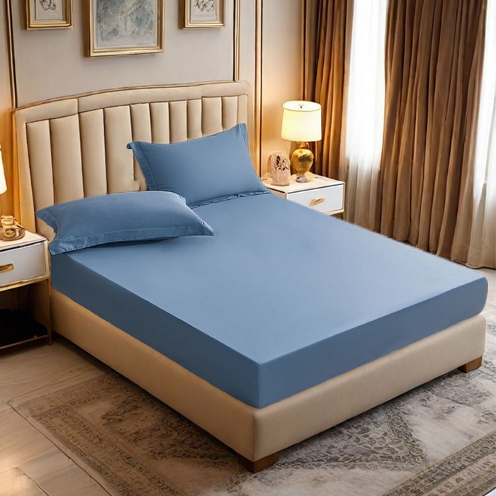 91家纺网 家纺一手货源 找家纺 2025新款纯色全棉床笠喷气全棉床罩三件套-优雅系列 优雅-藏蓝