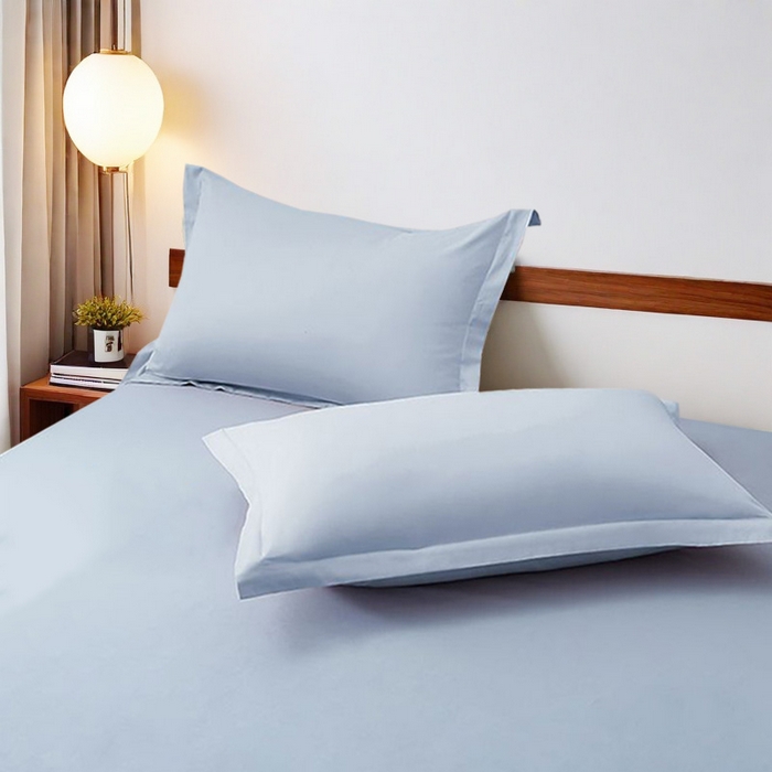 91家纺网 家纺一手货源 找家纺 2025新款纯色全棉床笠喷气全棉床罩三件套-优雅系列 优雅-迷雾蓝