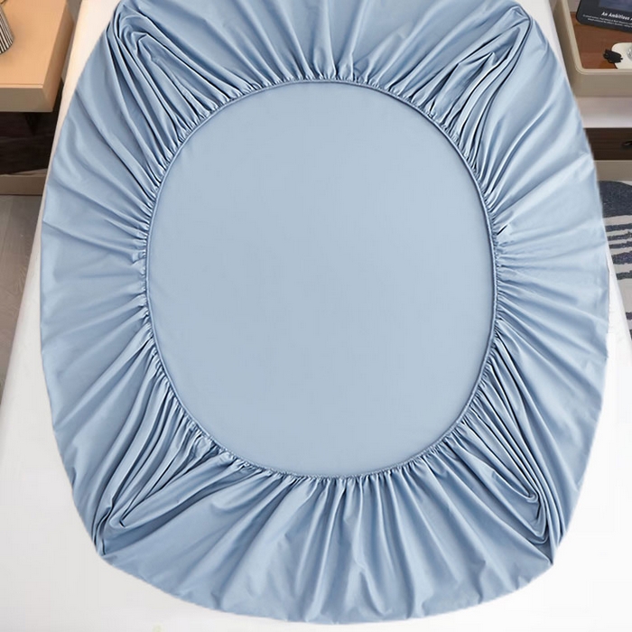 91家纺网 家纺一手货源 找家纺 2025新款纯色全棉床笠喷气全棉床罩三件套-优雅系列 优雅-迷雾蓝