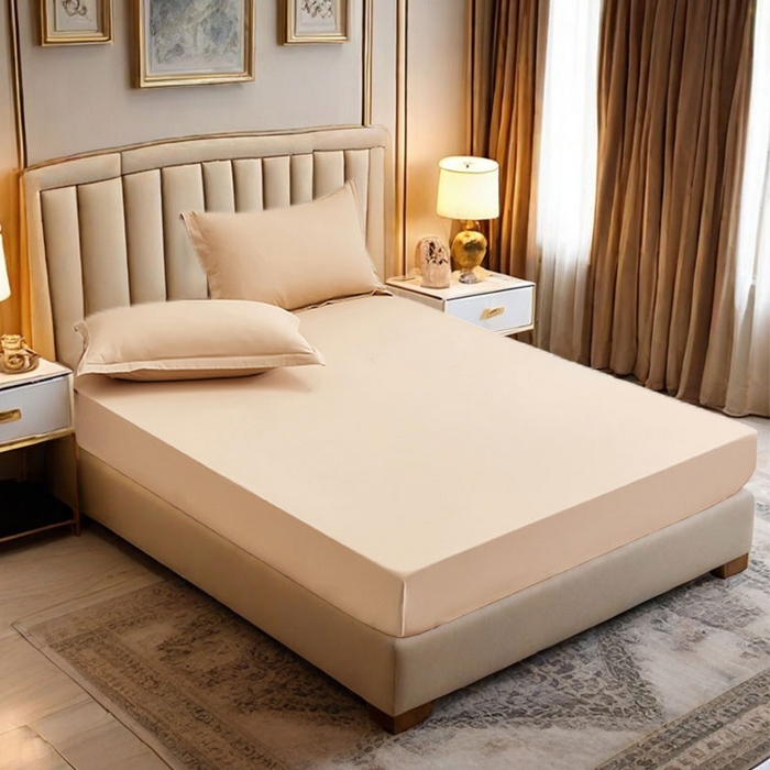 91家纺网 家纺一手货源 找家纺 2025新款纯色全棉床笠喷气全棉床罩三件套-优雅系列 优雅-奶茶棕