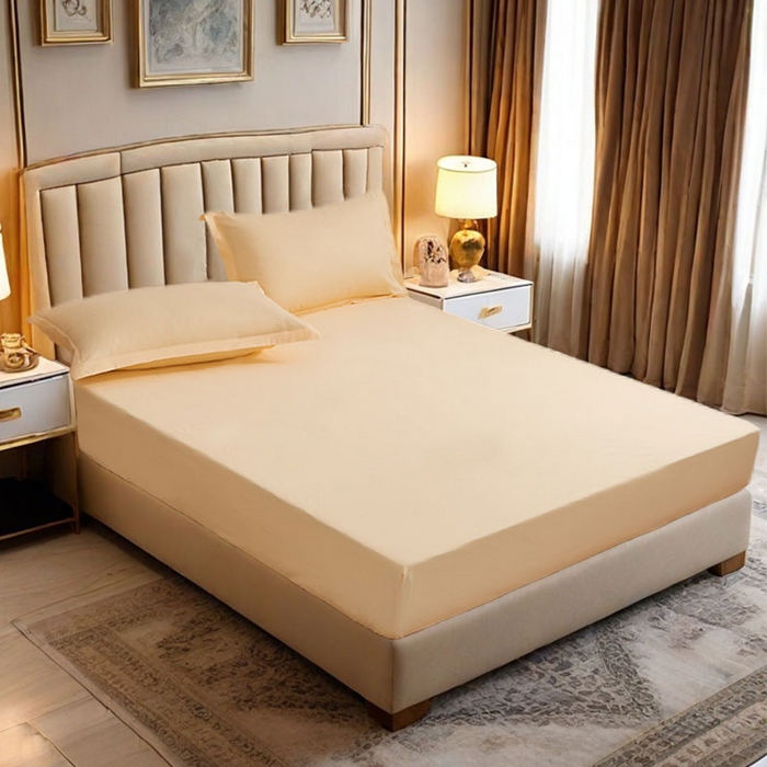 91家纺网 家纺一手货源 找家纺 2025新款纯色全棉床笠喷气全棉床罩三件套-优雅系列 优雅-奶油黄